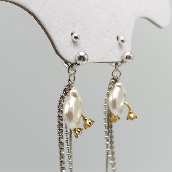 Zara Statement Faux Pearl Chain Drop Earrings With Gold Silver Tone Accents - Picture 3 of 7
